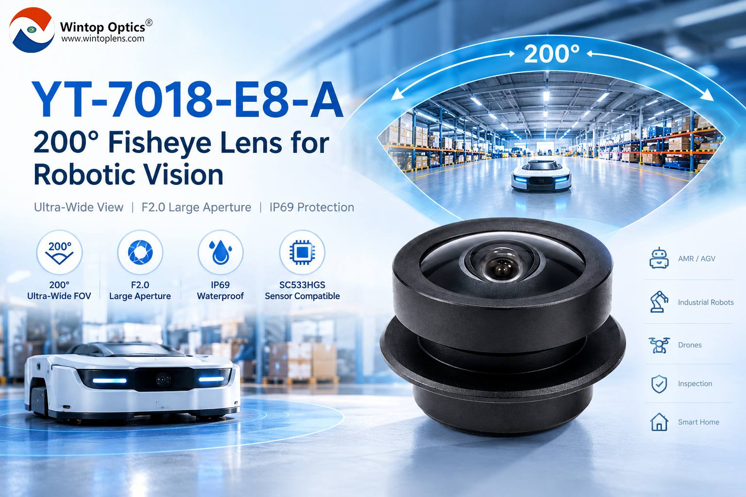 Wintop Optics lance l'objectif fisheye YT-7018-E8-A à 200° pour la vision robotique